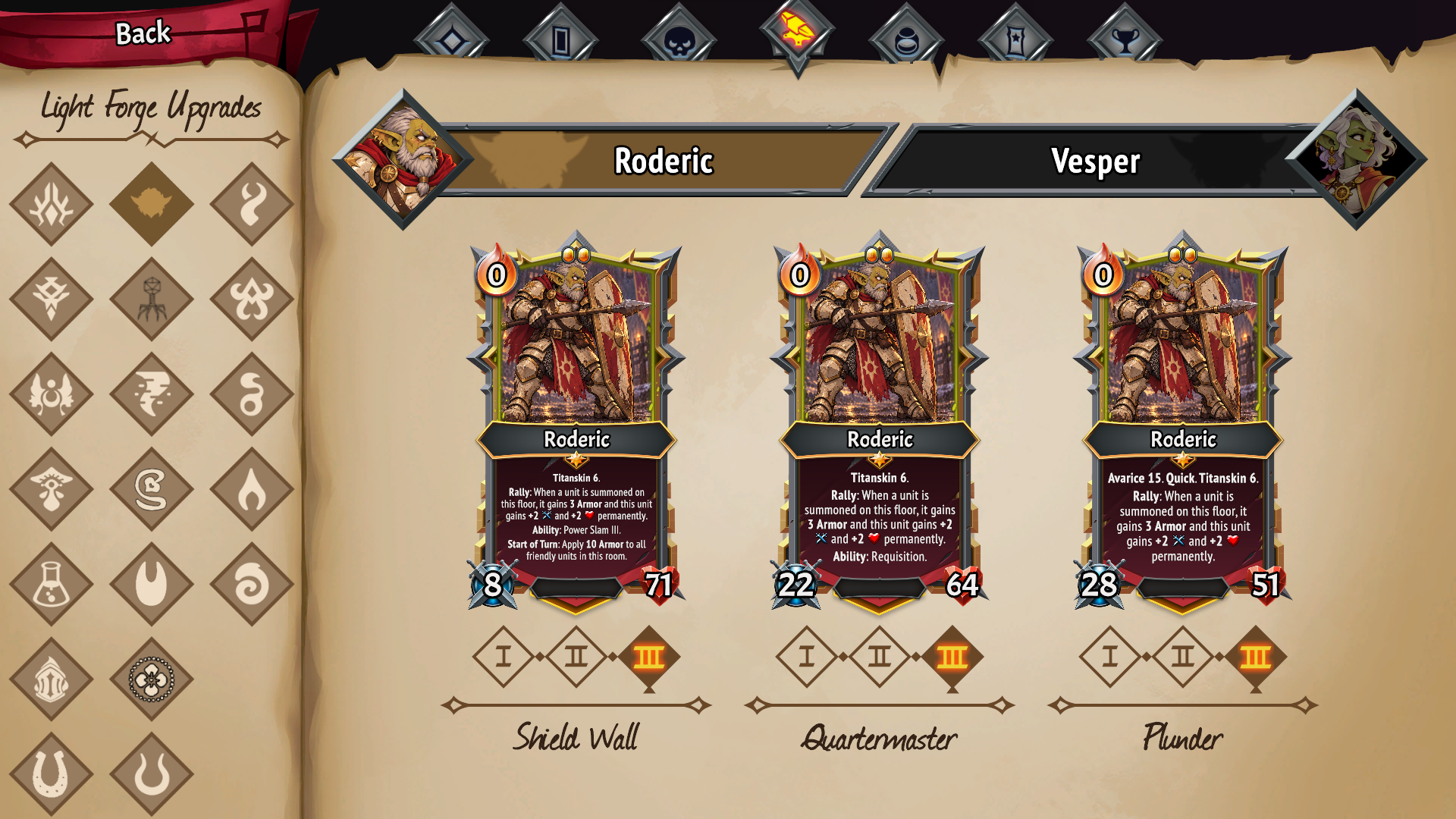 Roderic's three upgrade paths