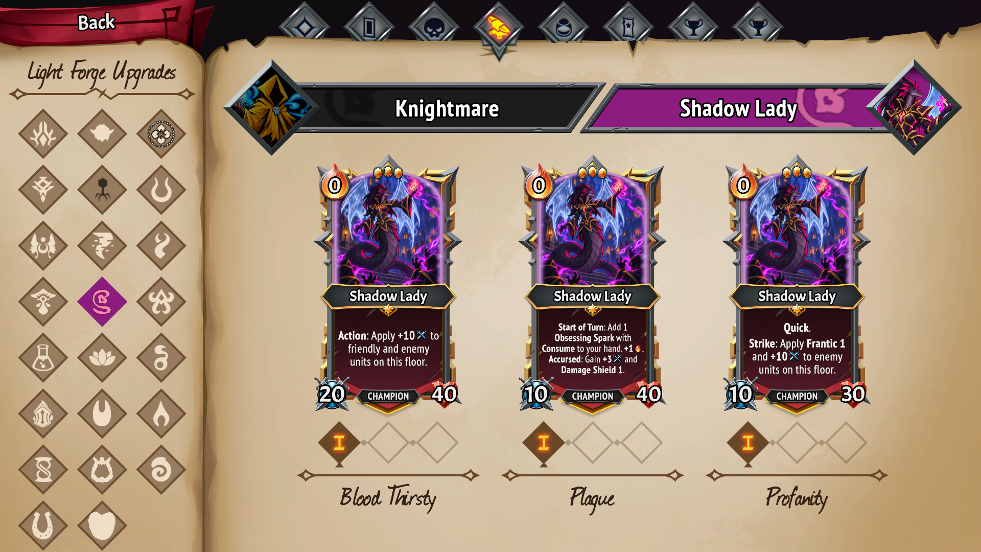 Shadow Lady — champion upgrade paths