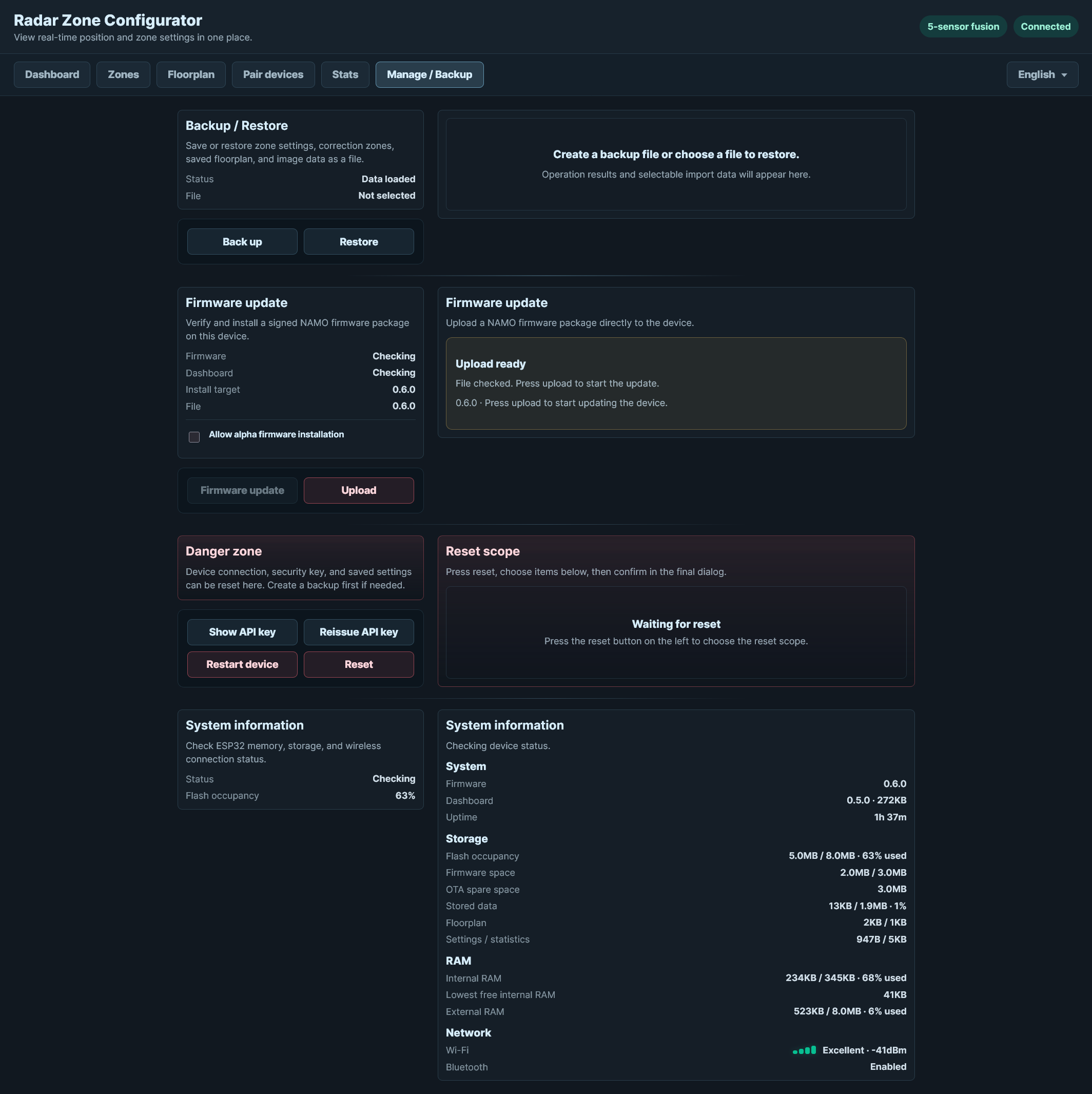 Management and Backup page showing the firmware version, selected package, and available OTA space