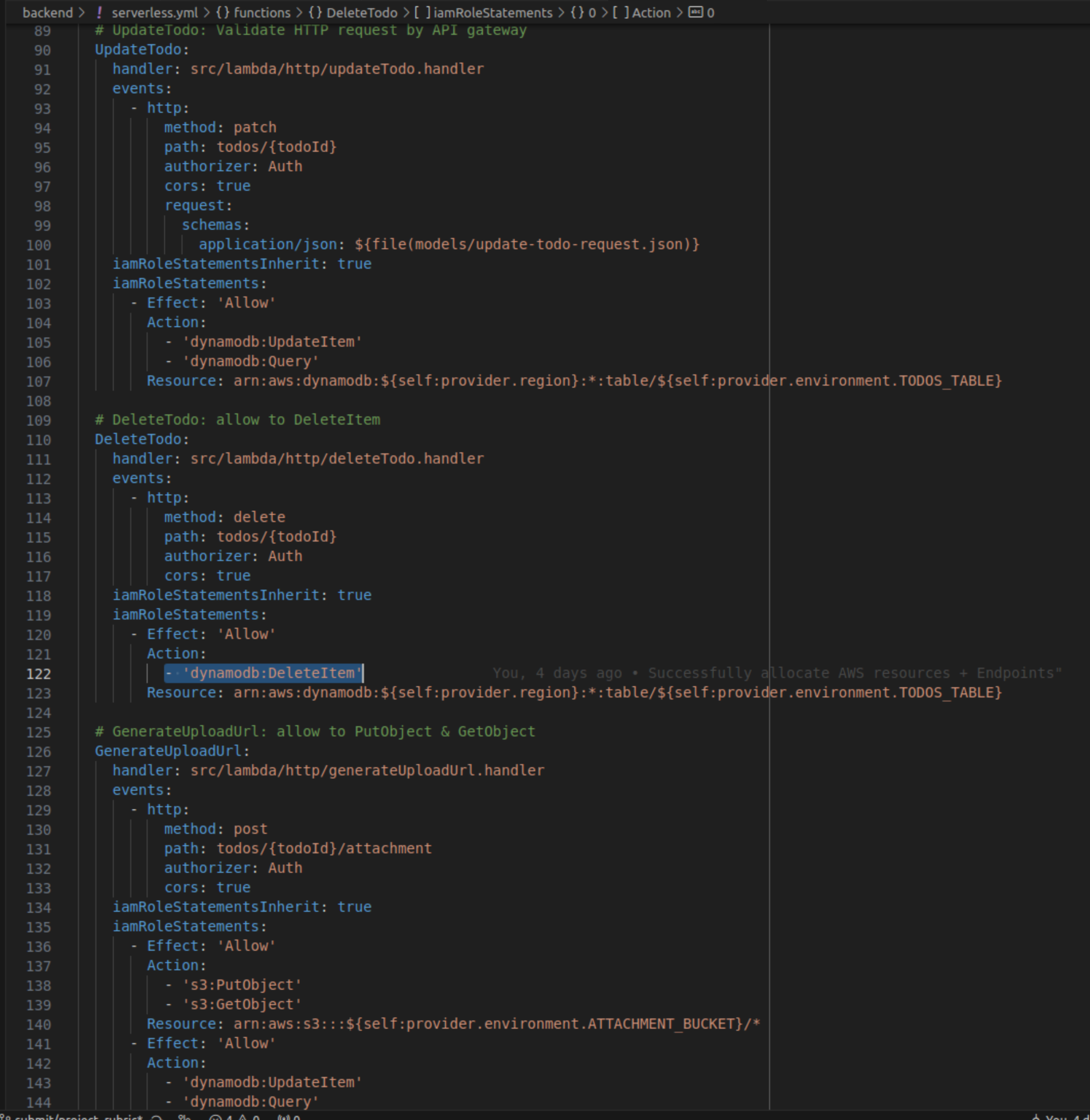 serverless.yml shows functions'permisisons