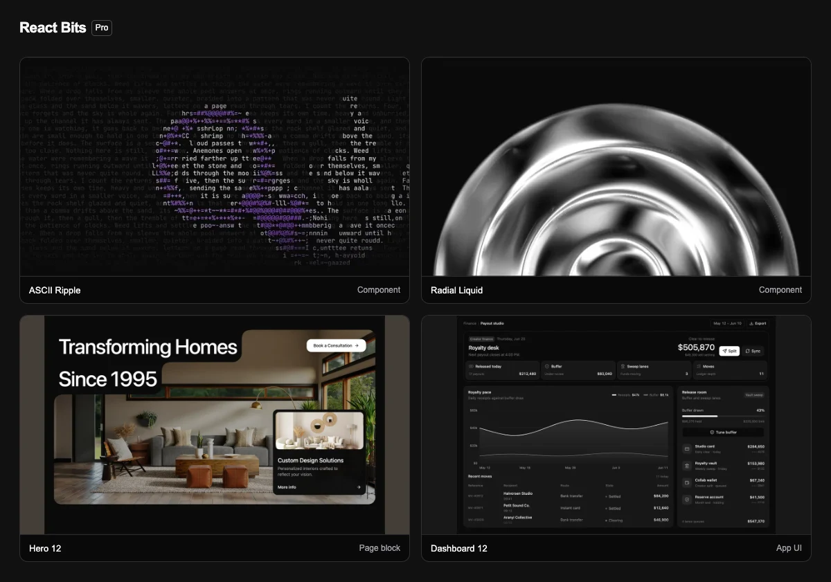 React Bits Pro previews: ASCII Ripple, Radial Liquid, Hero 12, and Dashboard 12