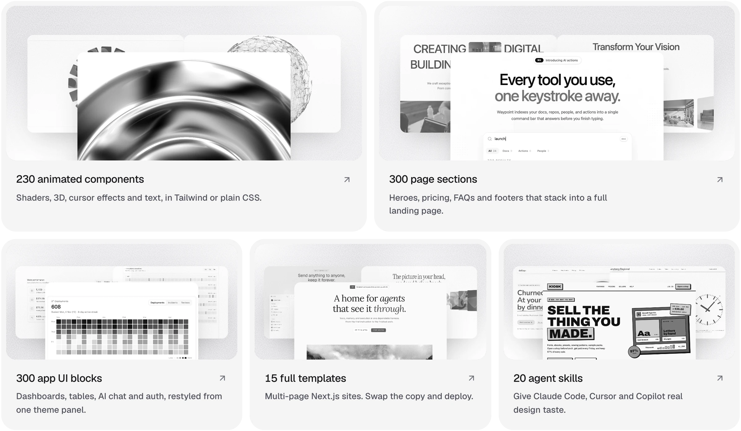 React Bits Pro: 230 animated components, 300 page sections, 300 app UI blocks, 15 full templates and 20 agent skills