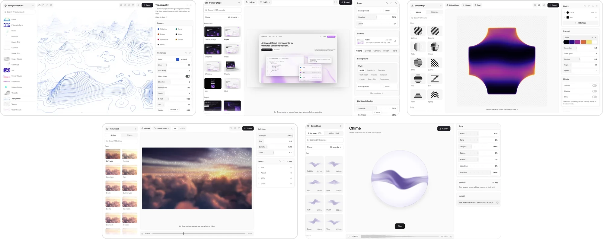 Background Studio, Center Stage, Shape Magic, Texture Lab and Sound Lab