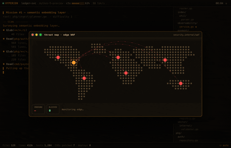 Threat map drama: a volumetric DDoS converges on the edge WAF and the agent null-routes the offending ASNs