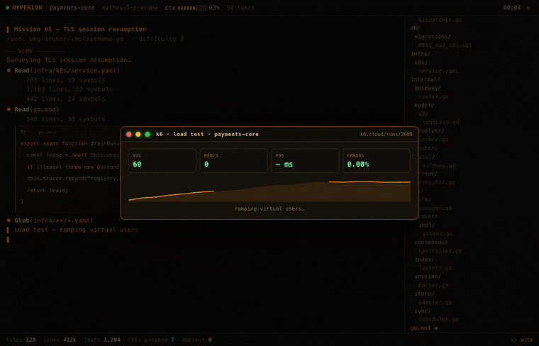 Load test drama: k6 ramps virtual users to a sustained peak RPS at a healthy p95 with zero errors