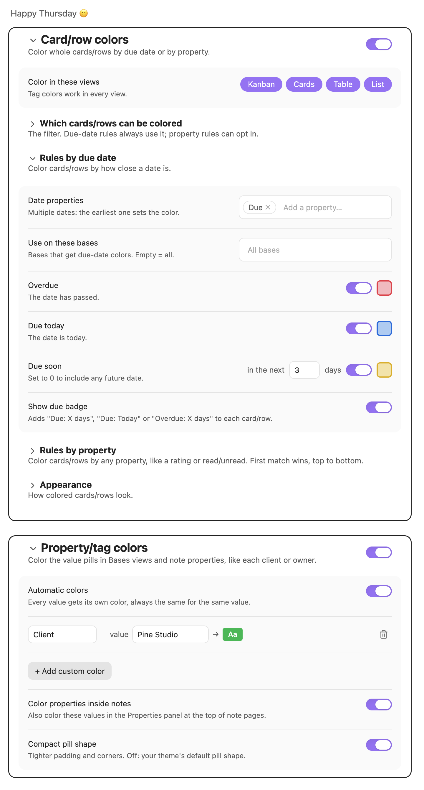 The Bases Colors settings: card/row colors with the due-date rules open, and property/tag colors