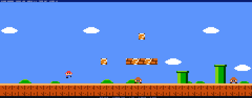 Gameplay: running and jumping through World 1-1, stomping goombas, bumping blocks