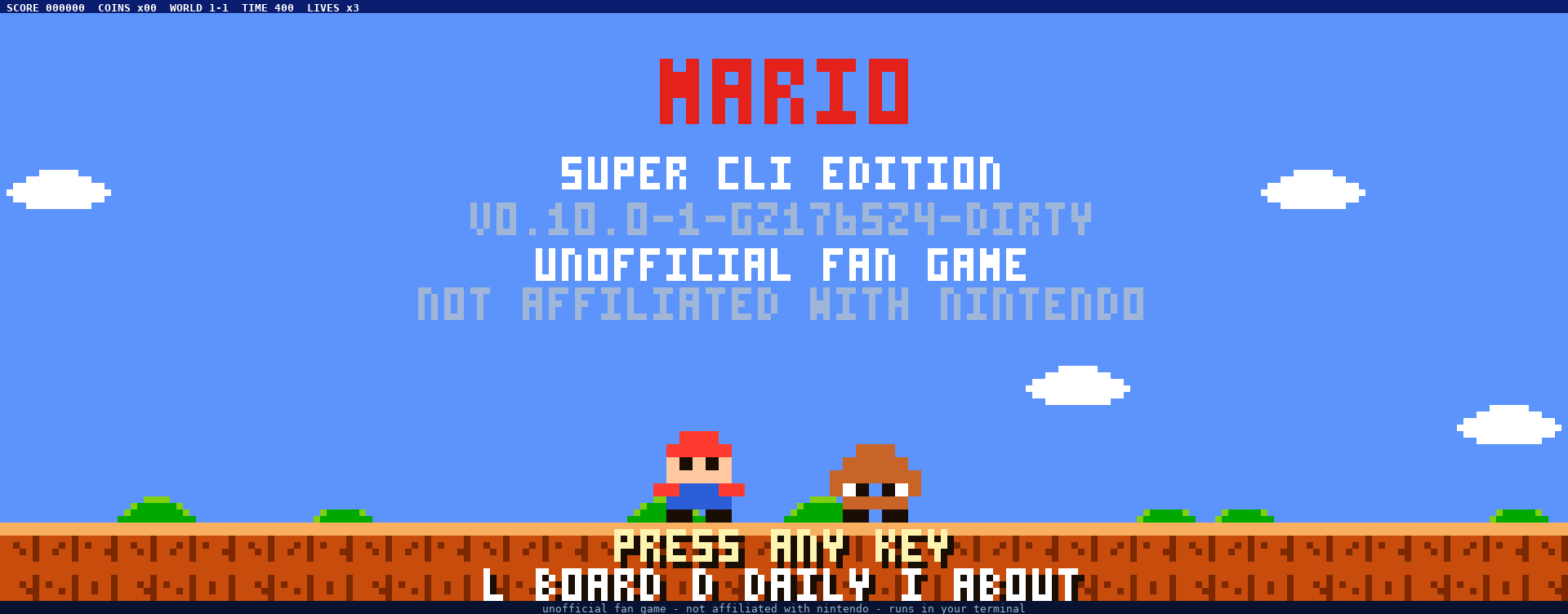 Title screen with pixel-art logo, PRESS ANY KEY prompt