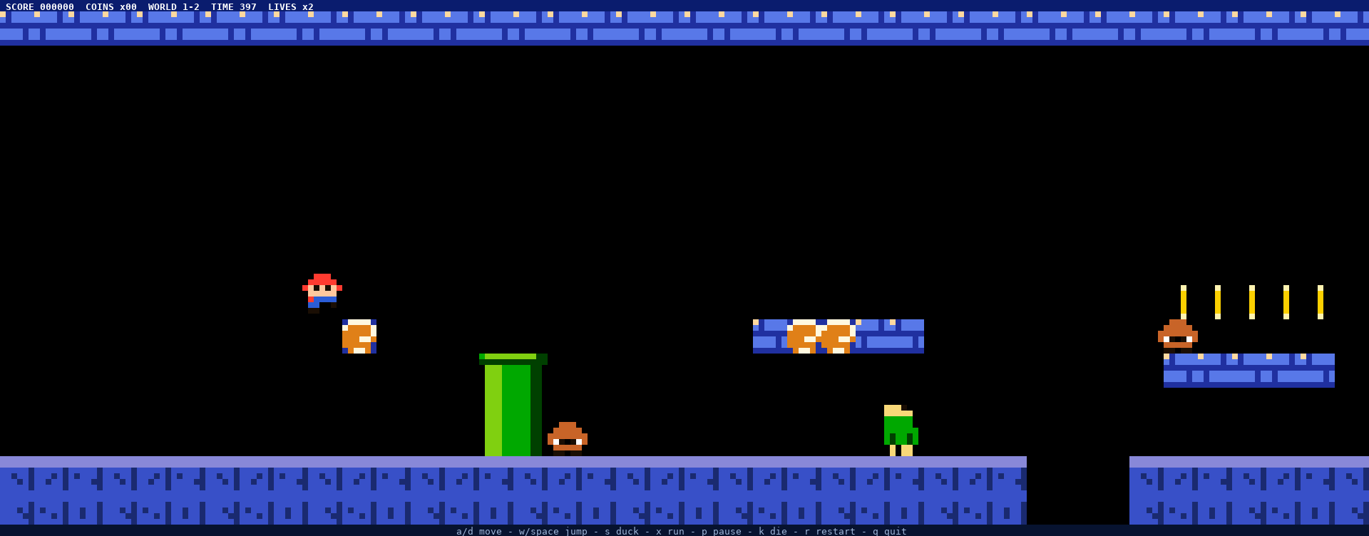 Underground level: blue bricks, ceiling, koopa and coins