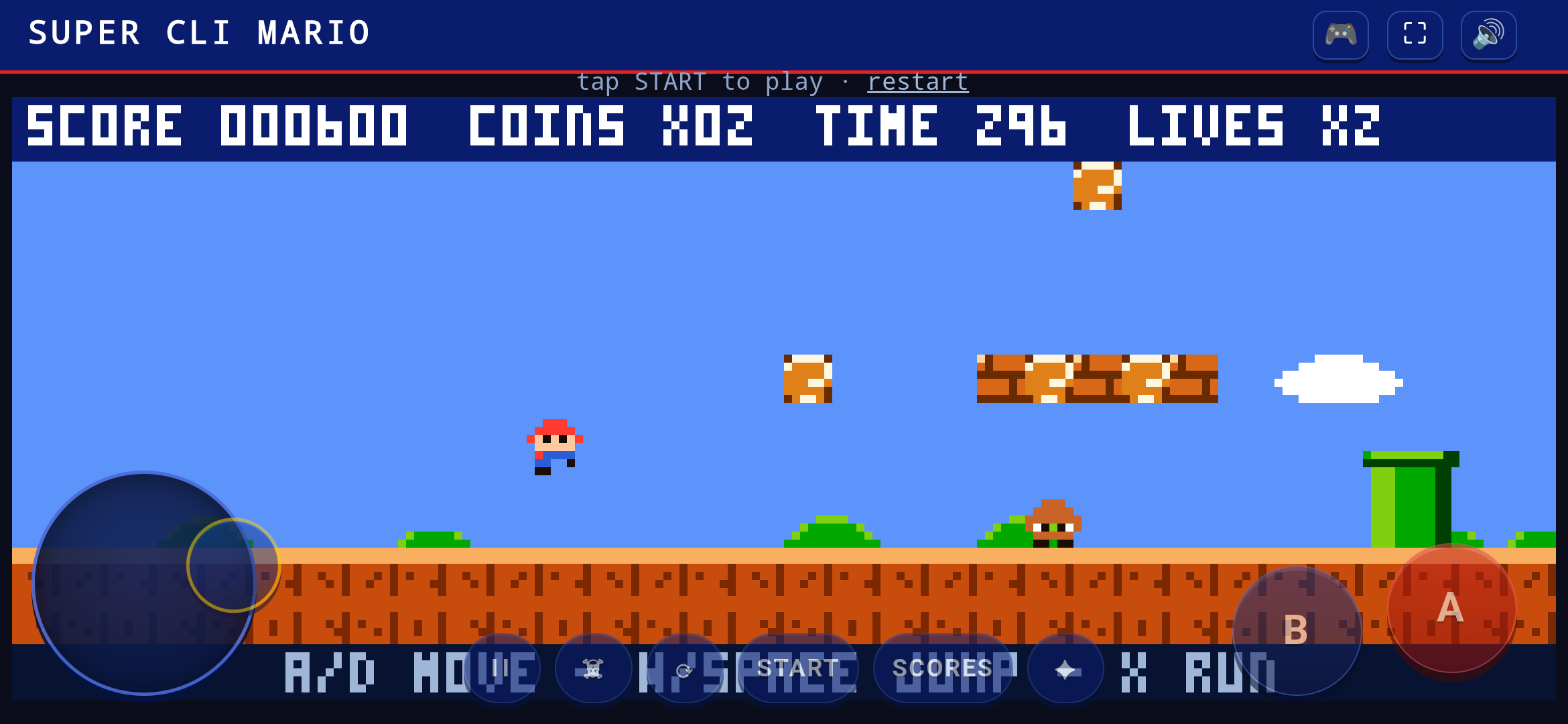 The game running in a phone browser with the on-screen gamepad