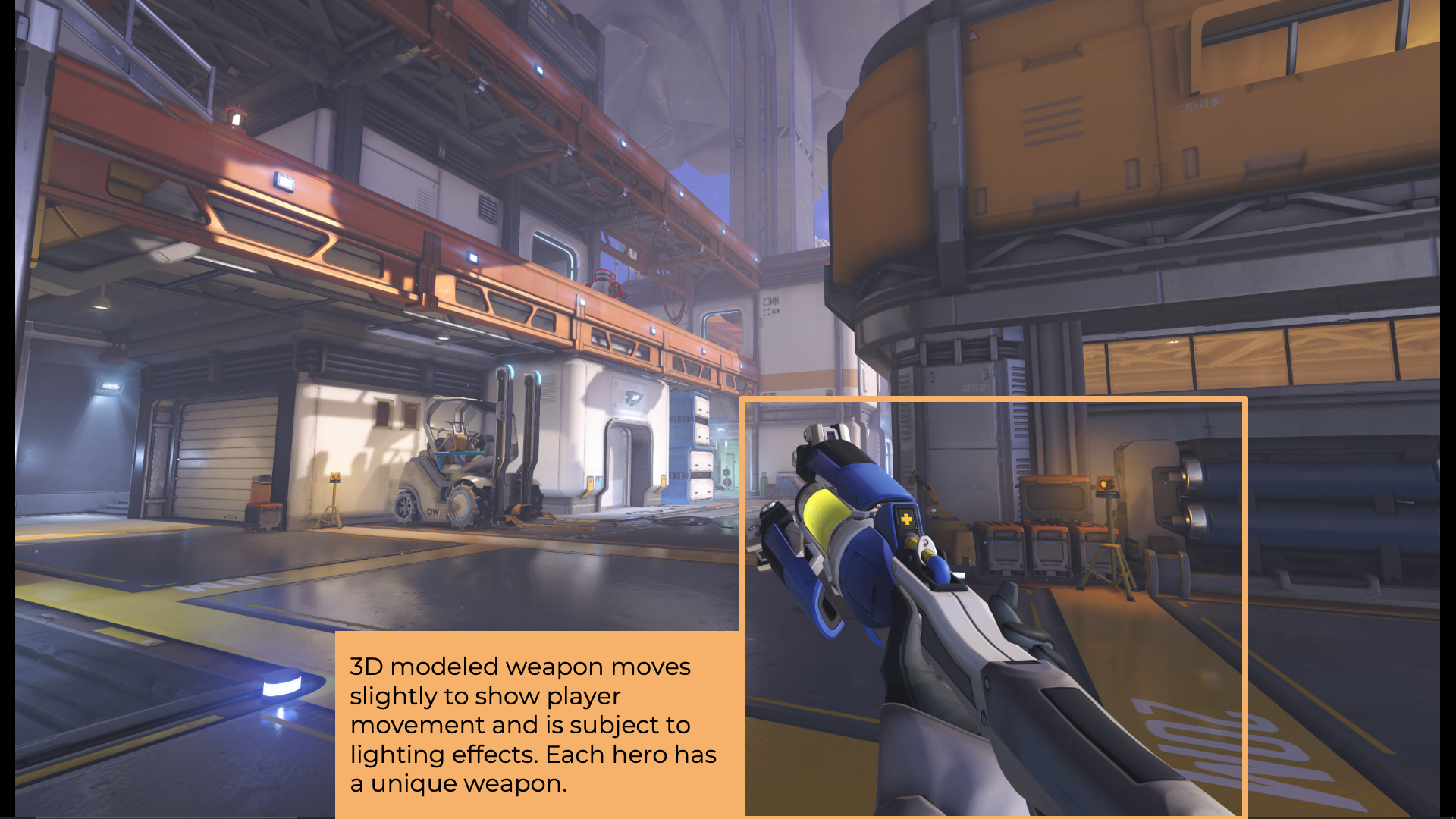 Mercy's Heads Up Display. The 3D modelled weapon moves slightly to show player movement and is subject to lighting effects. Each hero has a unique weapon