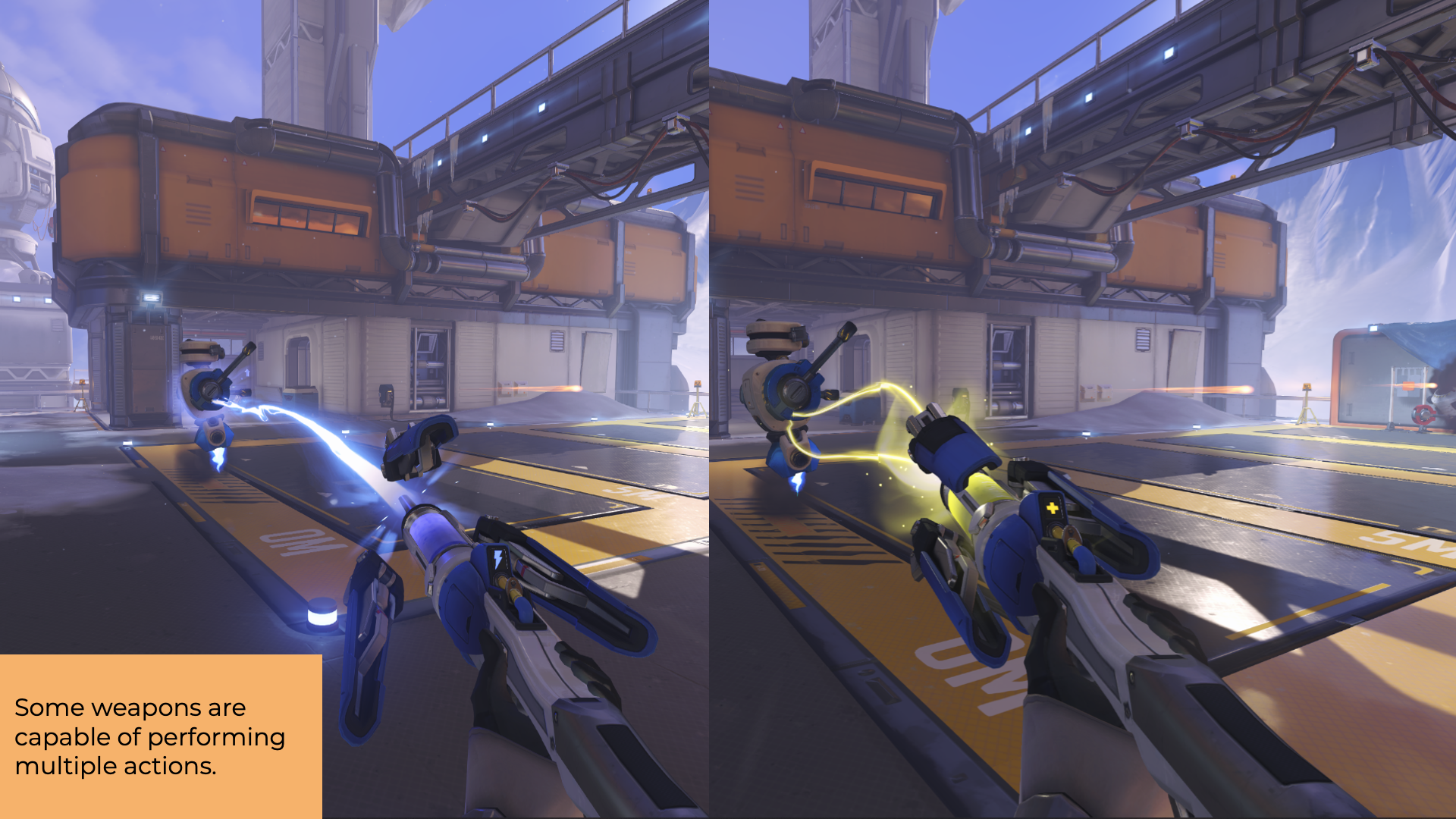 Weapon action demonstration. Some weapons are capable of performing multiple actions. These result in slight changes in the weapon shape and color