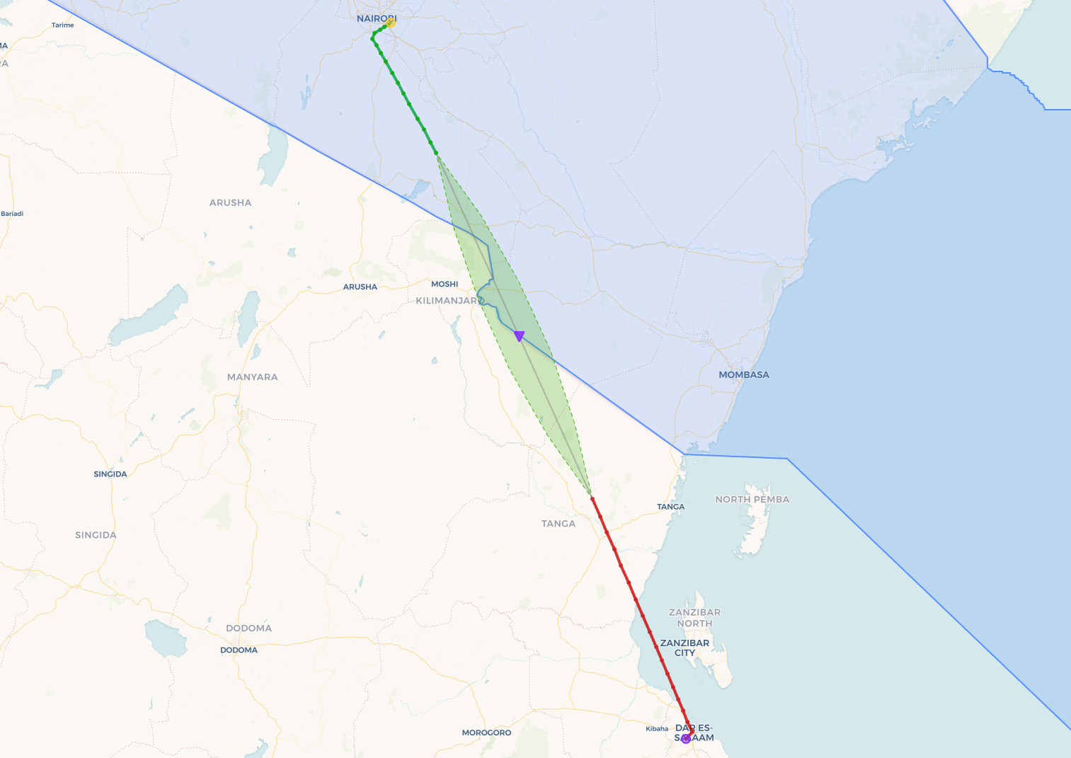 Corridor AI visualization — all possible flight paths between two detected points