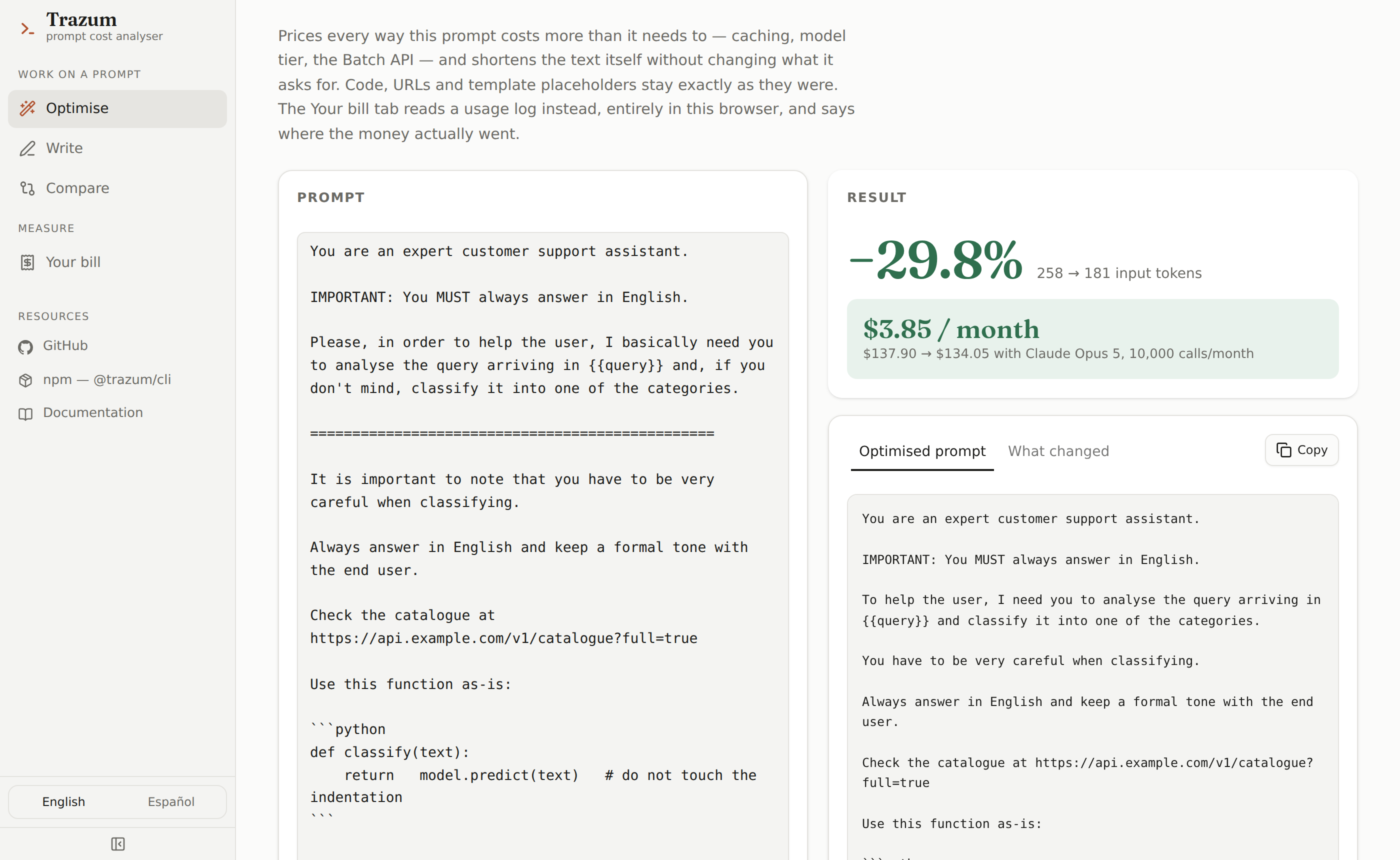 The Trazum web app: the grouped rail on the left with direct GitHub, npm and documentation links; a wordy support prompt in the middle; and on the right a result panel reading minus 29.8 percent, 258 to 181 input tokens, and $3.85 a month saved.