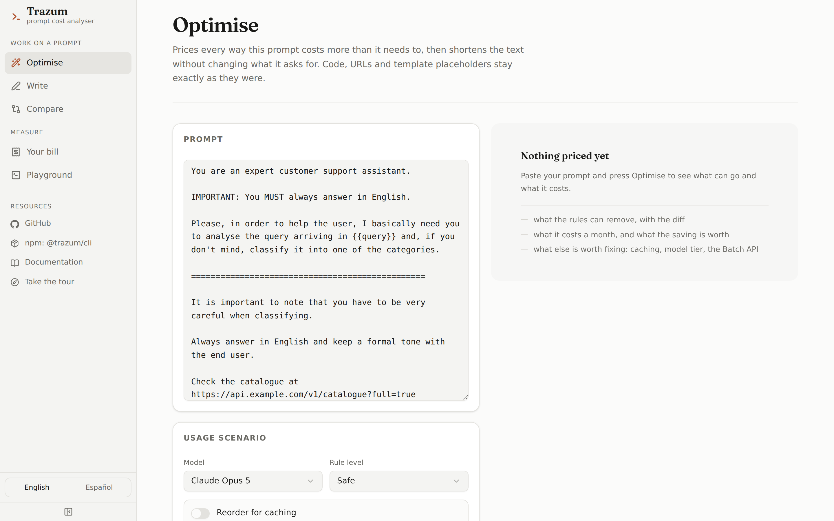 The Trazum web app: the grouped rail on the left with direct GitHub, npm and documentation links; a wordy support prompt in the middle; and on the right a result panel reading minus 29.8 percent, 258 to 181 input tokens, and $3.85 a month saved.