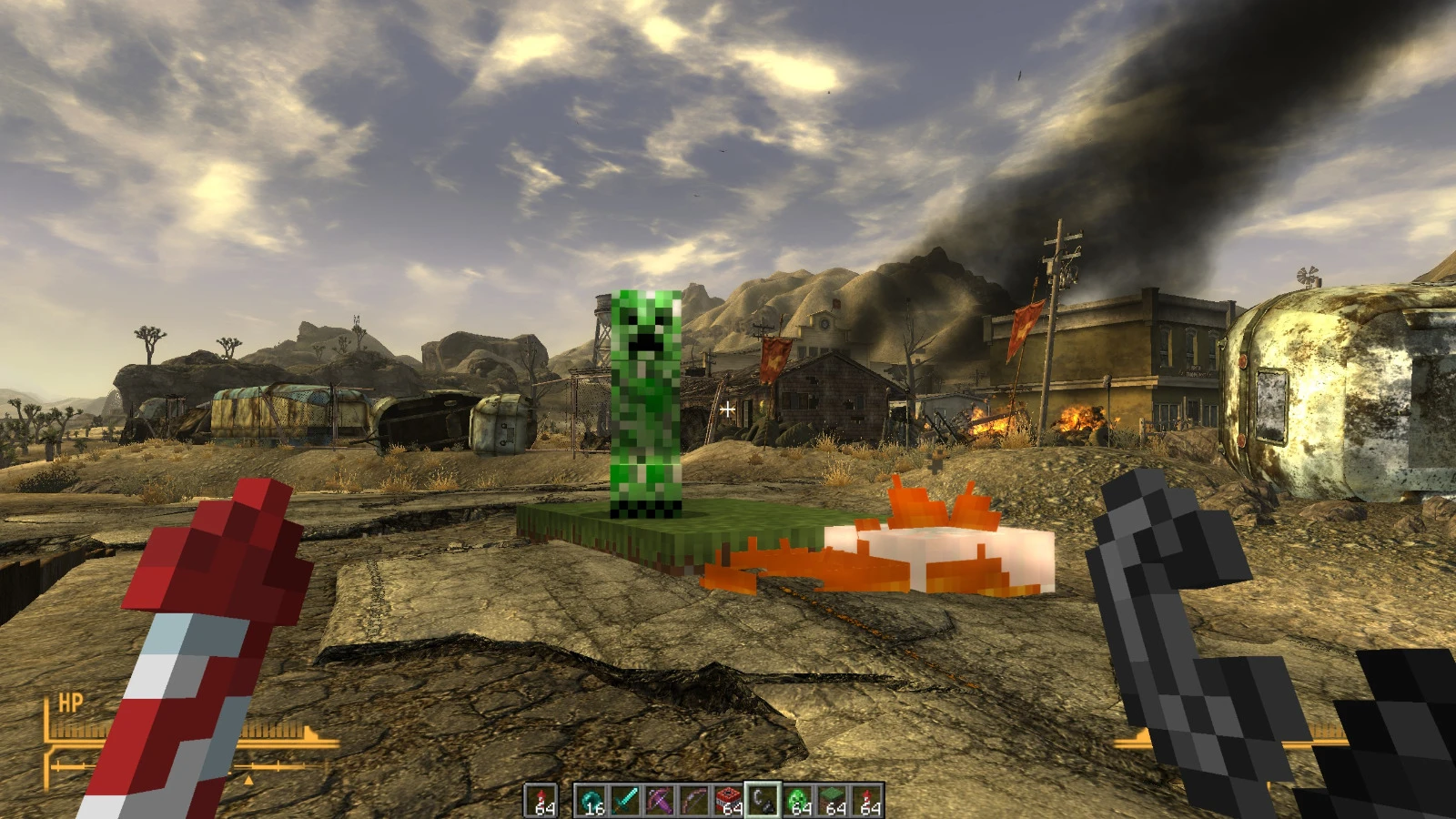 Un creeper sobre bloques de Minecraft, con fuego, frente a Nipton en llamas