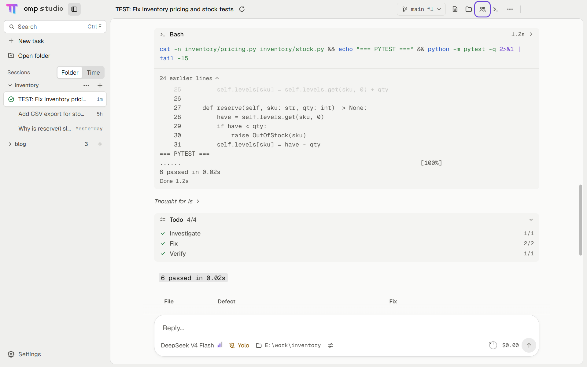 A finished task in the light theme: the test run, the completed todo board and the result