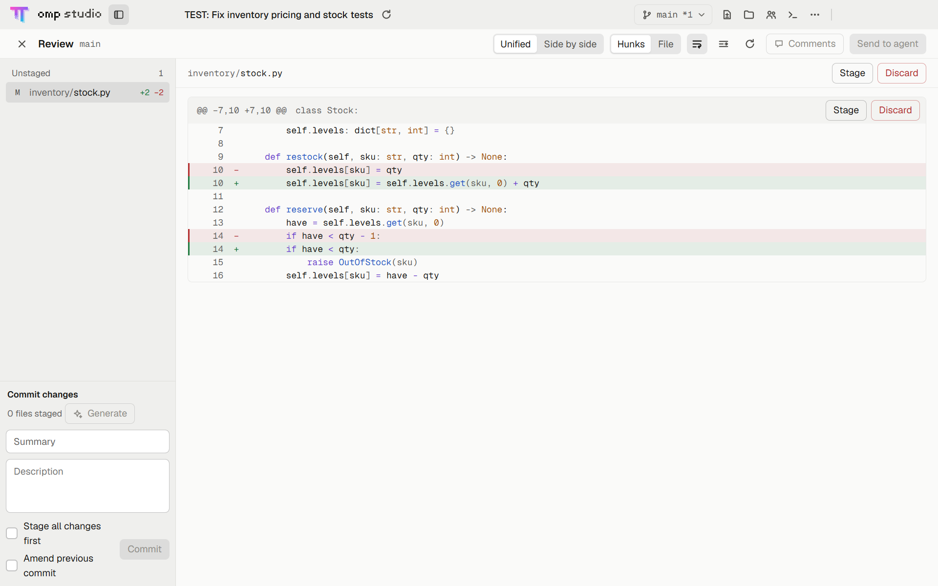 Review panel: a unified diff with Stage and Discard per file and per hunk, and the commit form