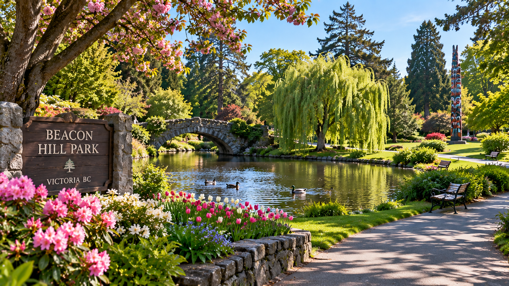 Beacon Hill Park near James Bay Victoria BC with gardens walking paths mature trees and pond