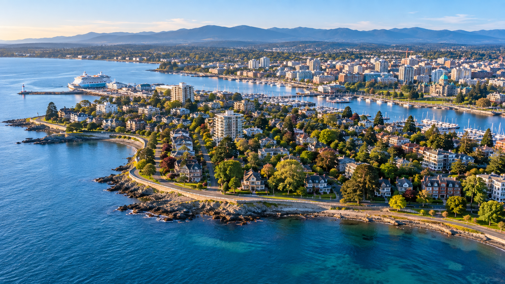 Aerial view of James Bay Victoria BC showing the waterfront, residential neighbourhood, Inner Harbour and downtown Victoria