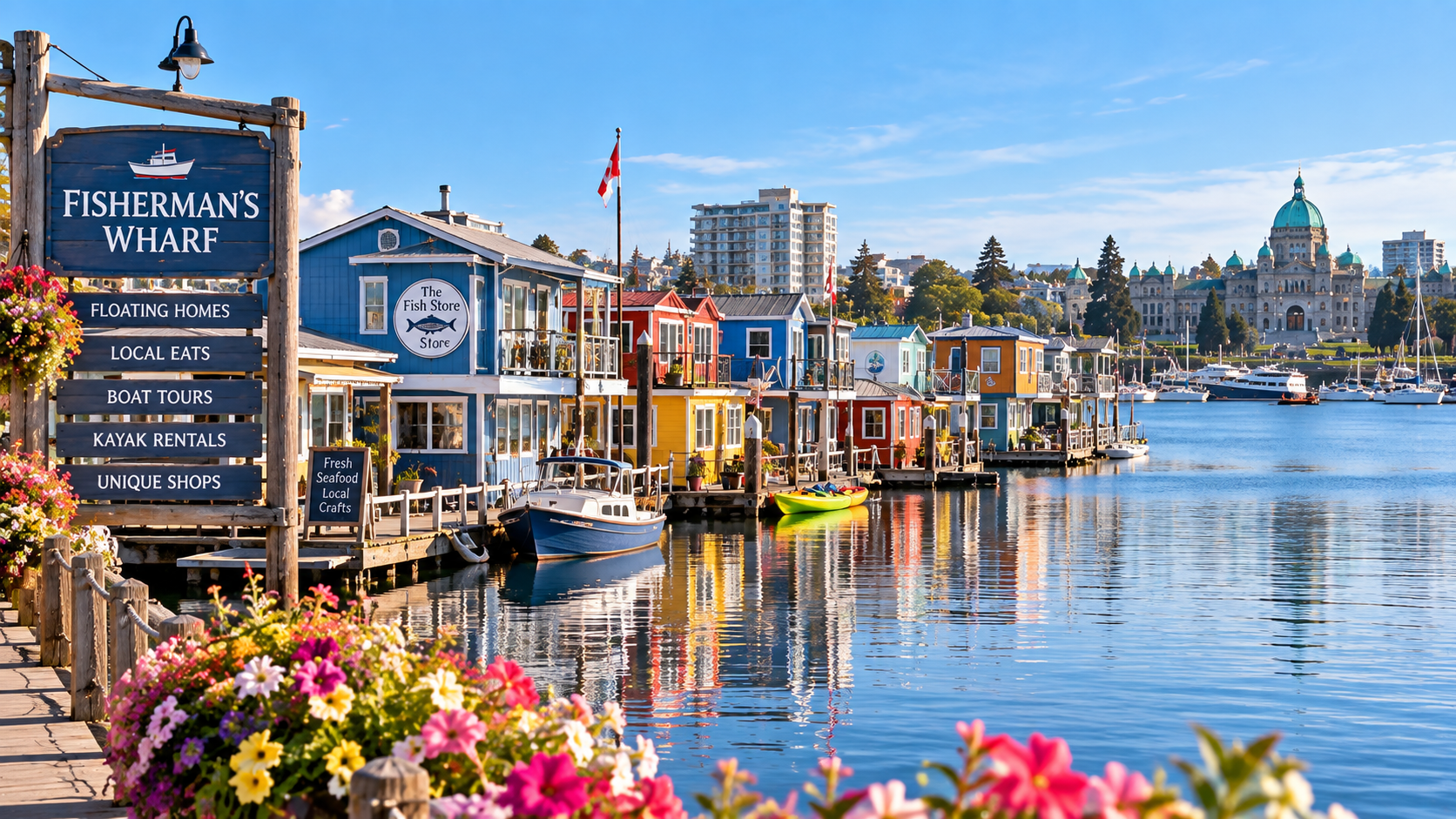 Fisherman's Wharf in James Bay Victoria BC with colourful floating homes and Inner Harbour waterfront
