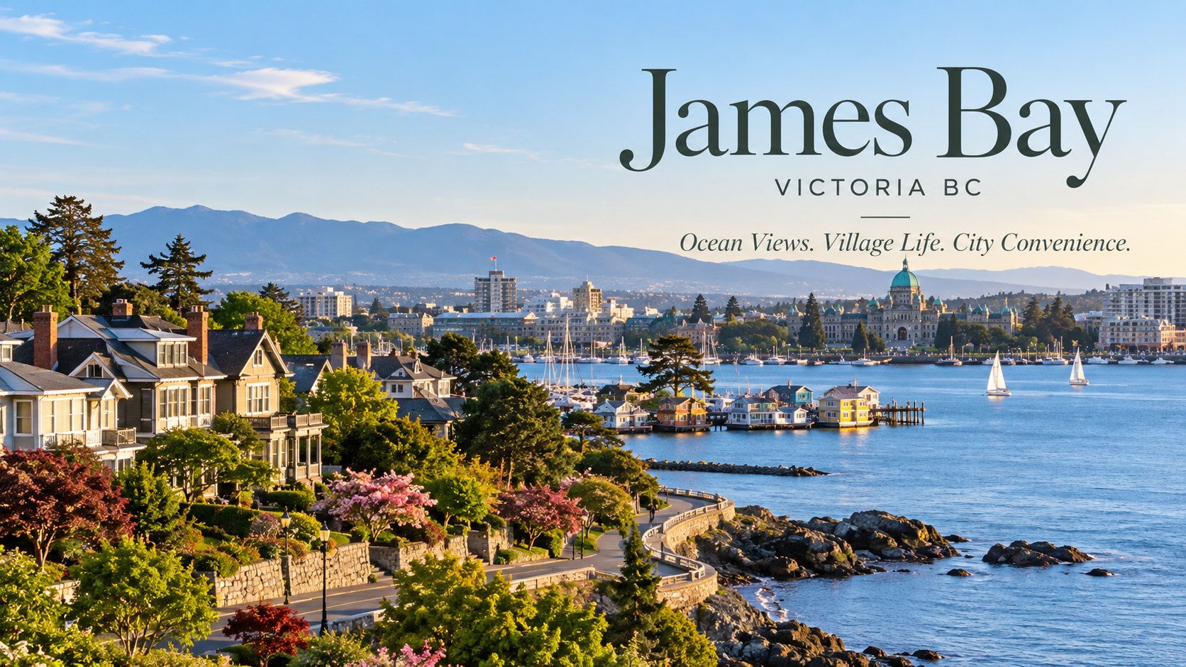 James Bay Victoria BC waterfront neighbourhood with heritage homes, Inner Harbour and coastal views