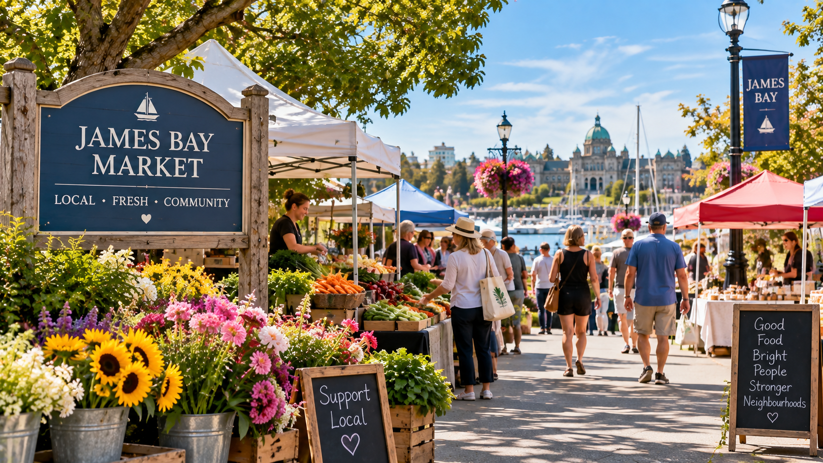 James Bay Market in Victoria BC with local vendors fresh produce flowers and community activities