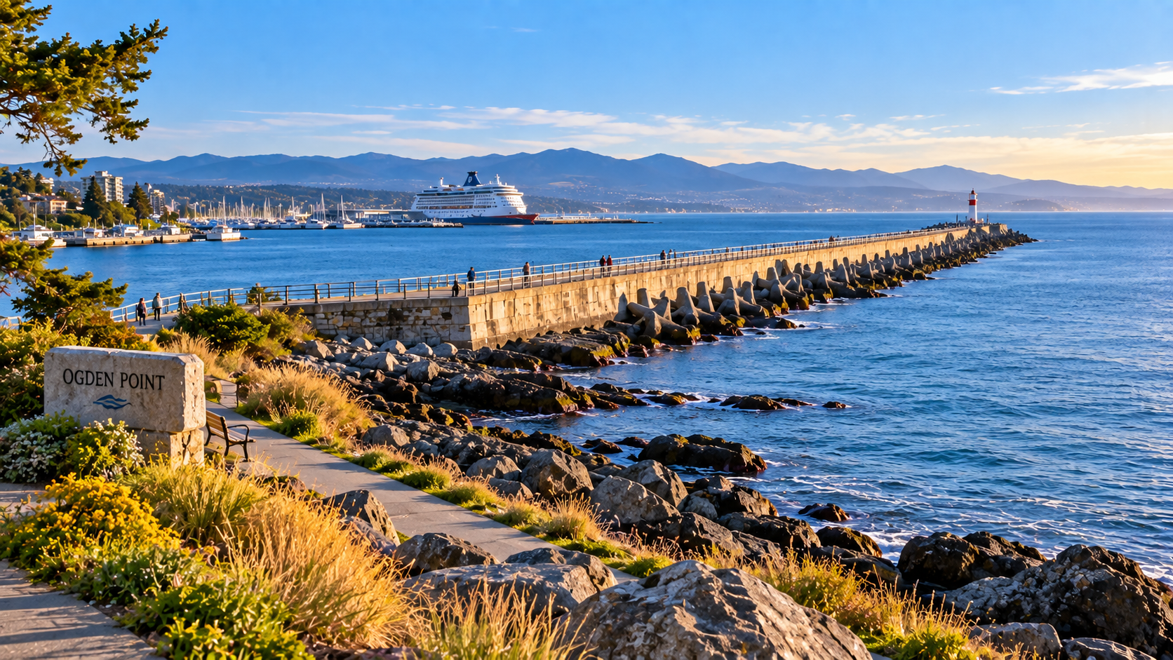 Ogden Point Breakwater in James Bay Victoria BC with ocean views and waterfront walking path