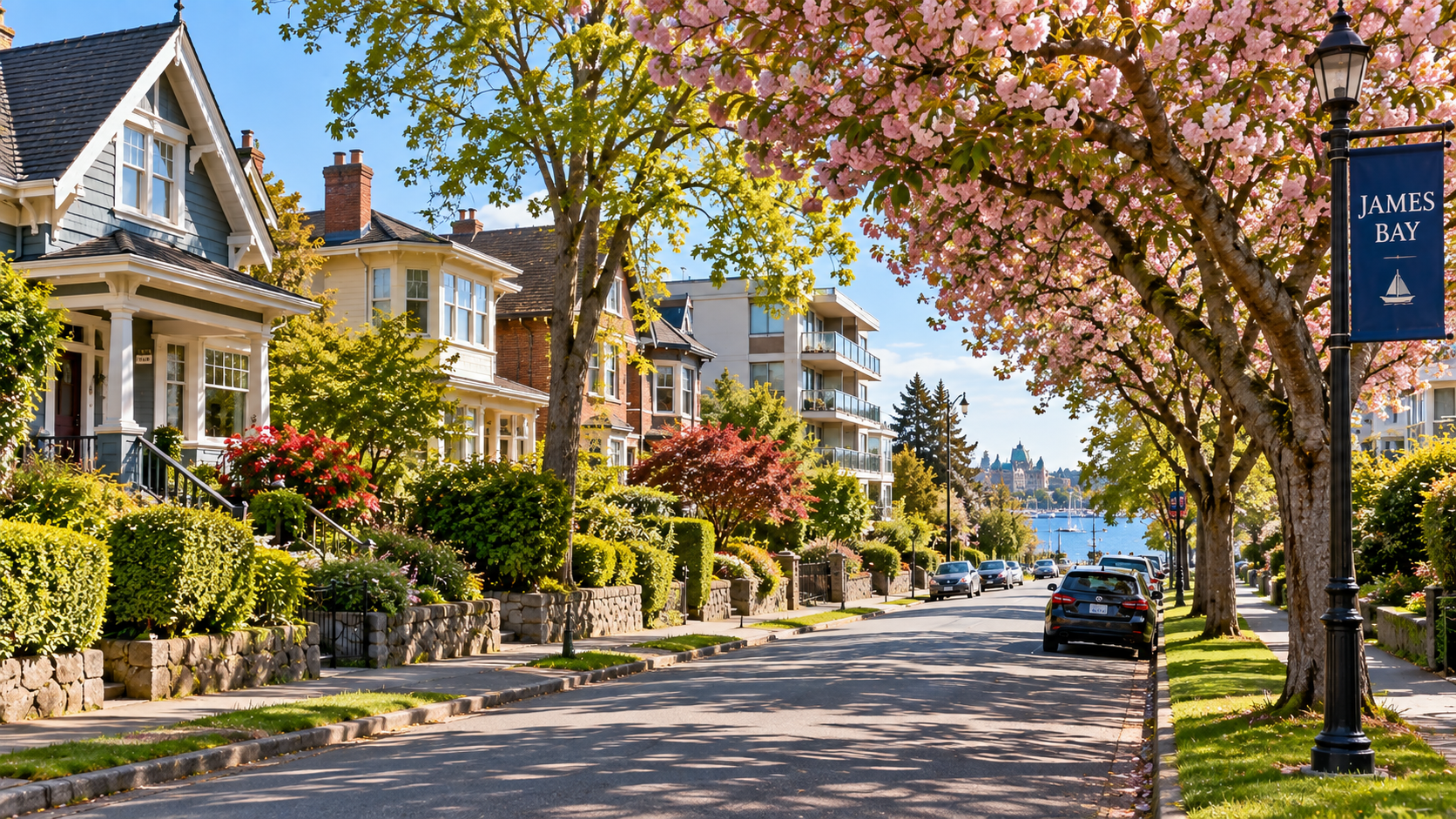 Tree-lined residential street in James Bay Victoria BC with character homes, condos and harbour views