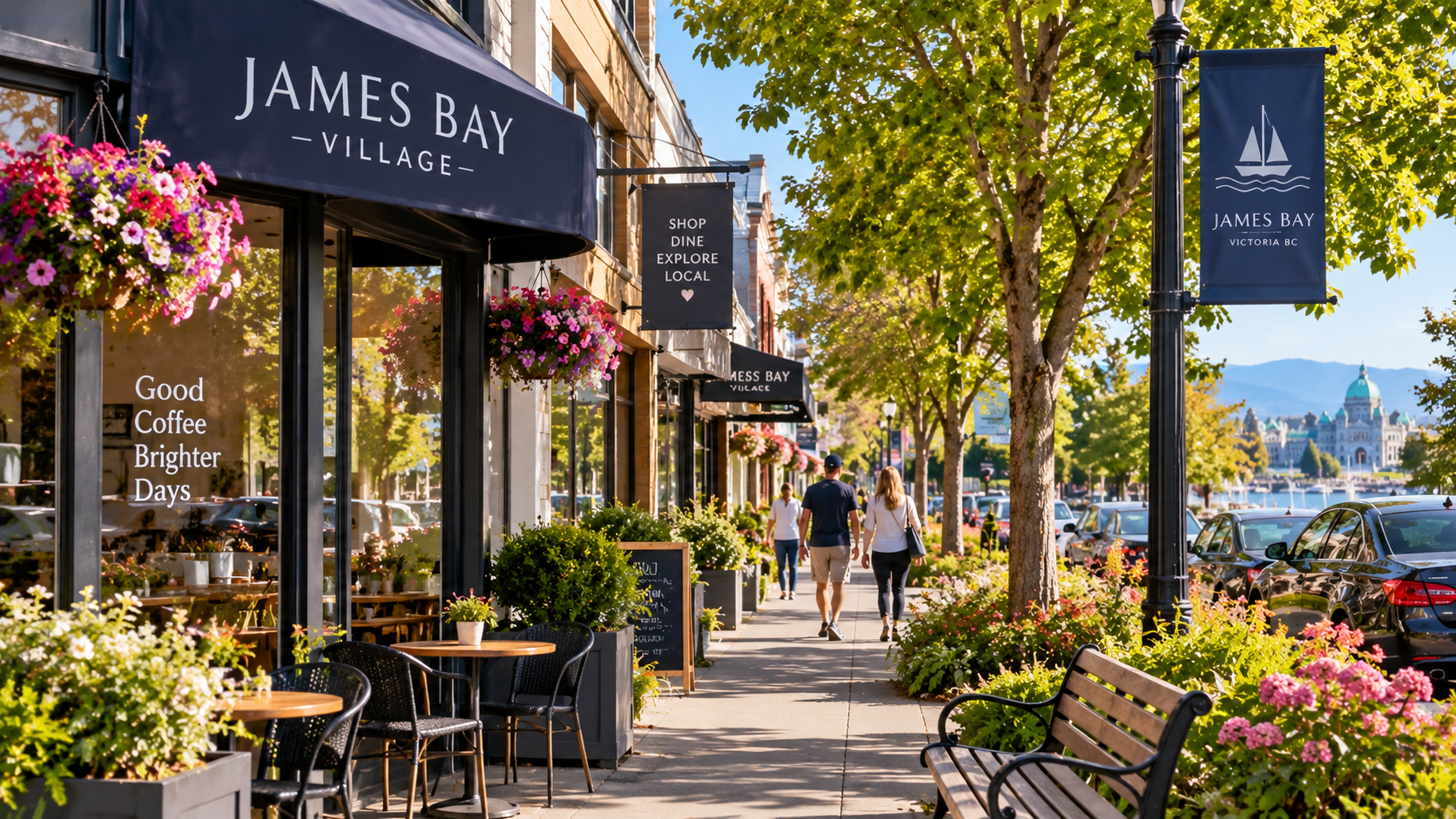 James Bay Village streetscape in Victoria BC showing local shops cafes and a walkable neighbourhood