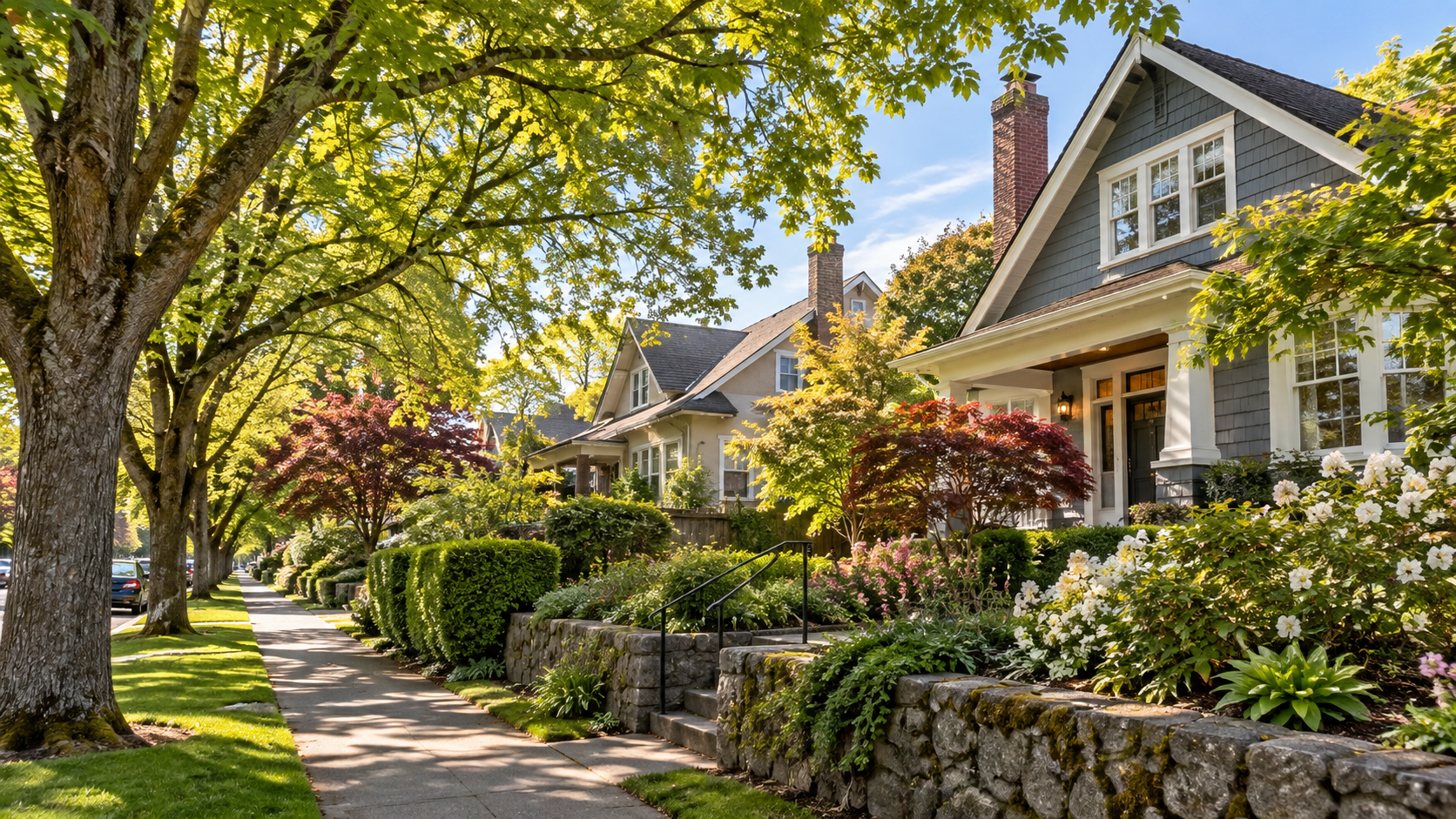 Tree-lined residential street with character homes in Fairfield Victoria BC