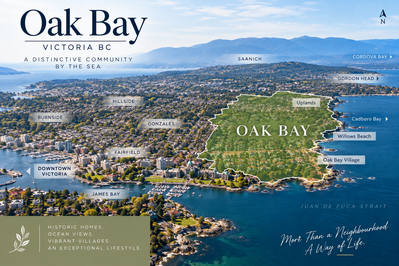 Aerial map of Oak Bay Victoria BC showing the coastline and surrounding neighbourhoods