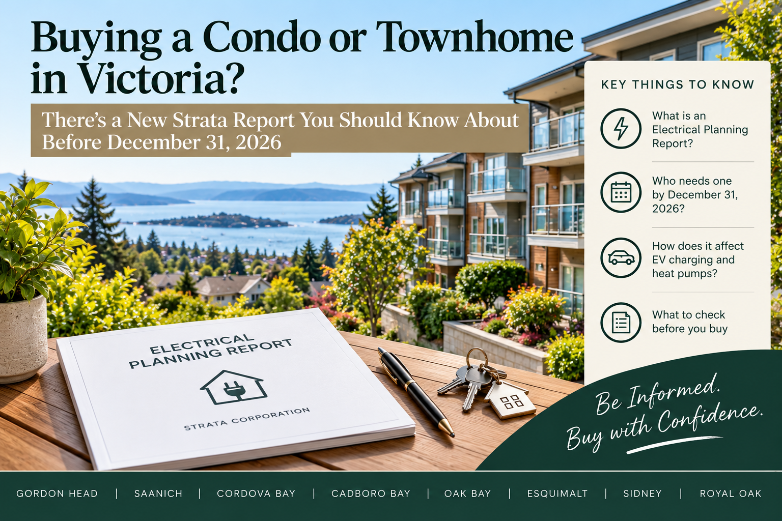 Victoria BC condo buying guide explaining strata electrical planning reports, EV charging, heat pumps and the December 2026 deadline