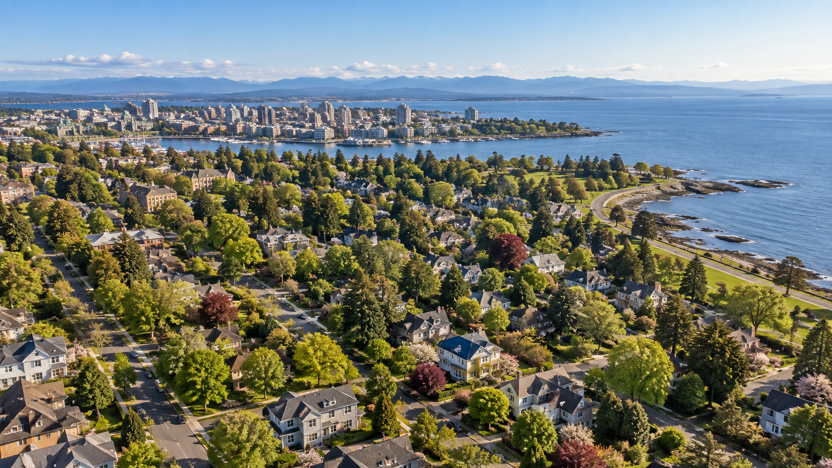 Aerial view of Fairfield Victoria BC showing residential neighbourhoods, coastline and proximity to downtown Victoria