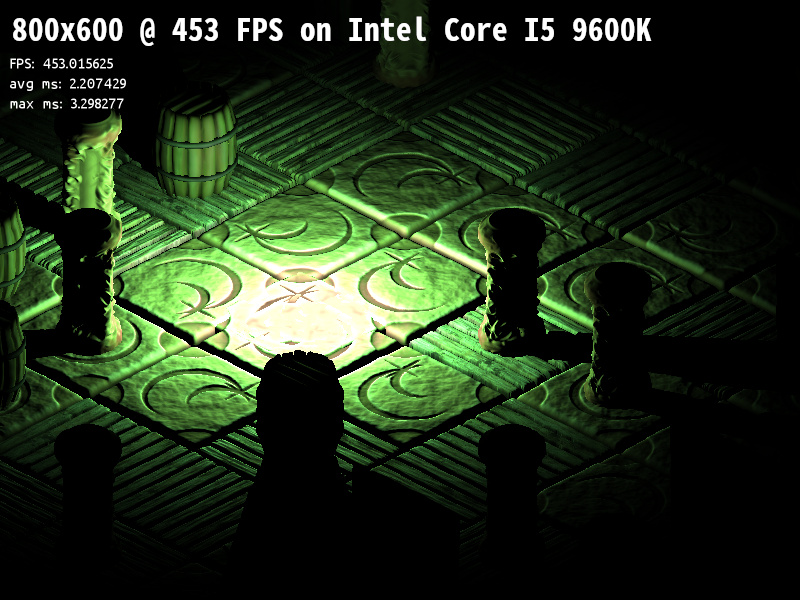 Screenshot of the sandbox example with a dark maze, running on a hexacore Intel Core I5 9600K.