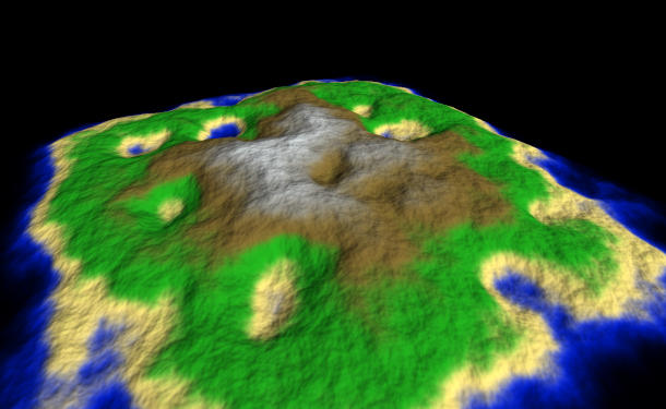 Screenshot of the terrain example, showcasing an island with pre-generated normal mapping from a higher resolution height map.