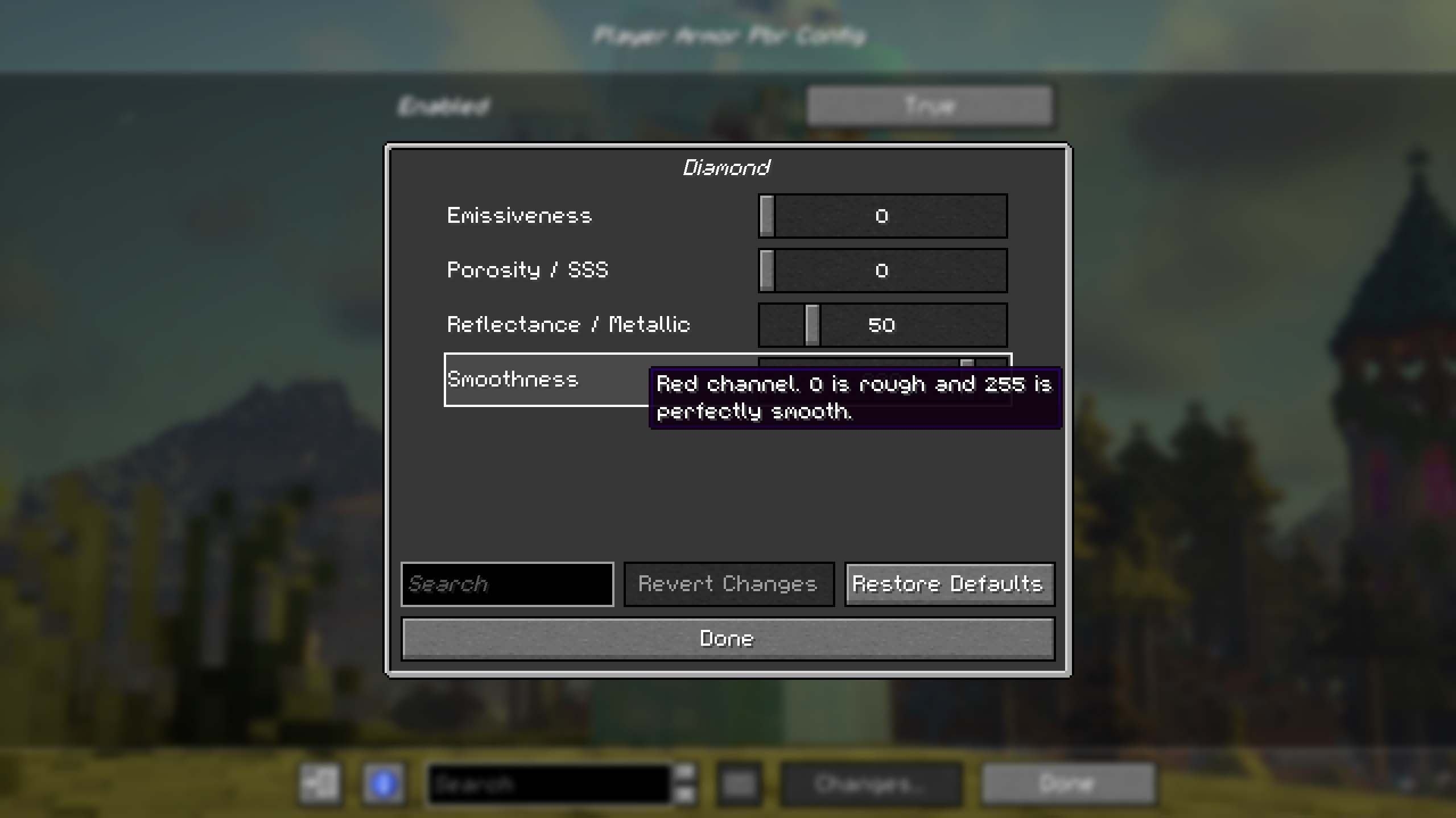 Configurable LabPBR Player Armor settings screen with material controls and a hover tooltip