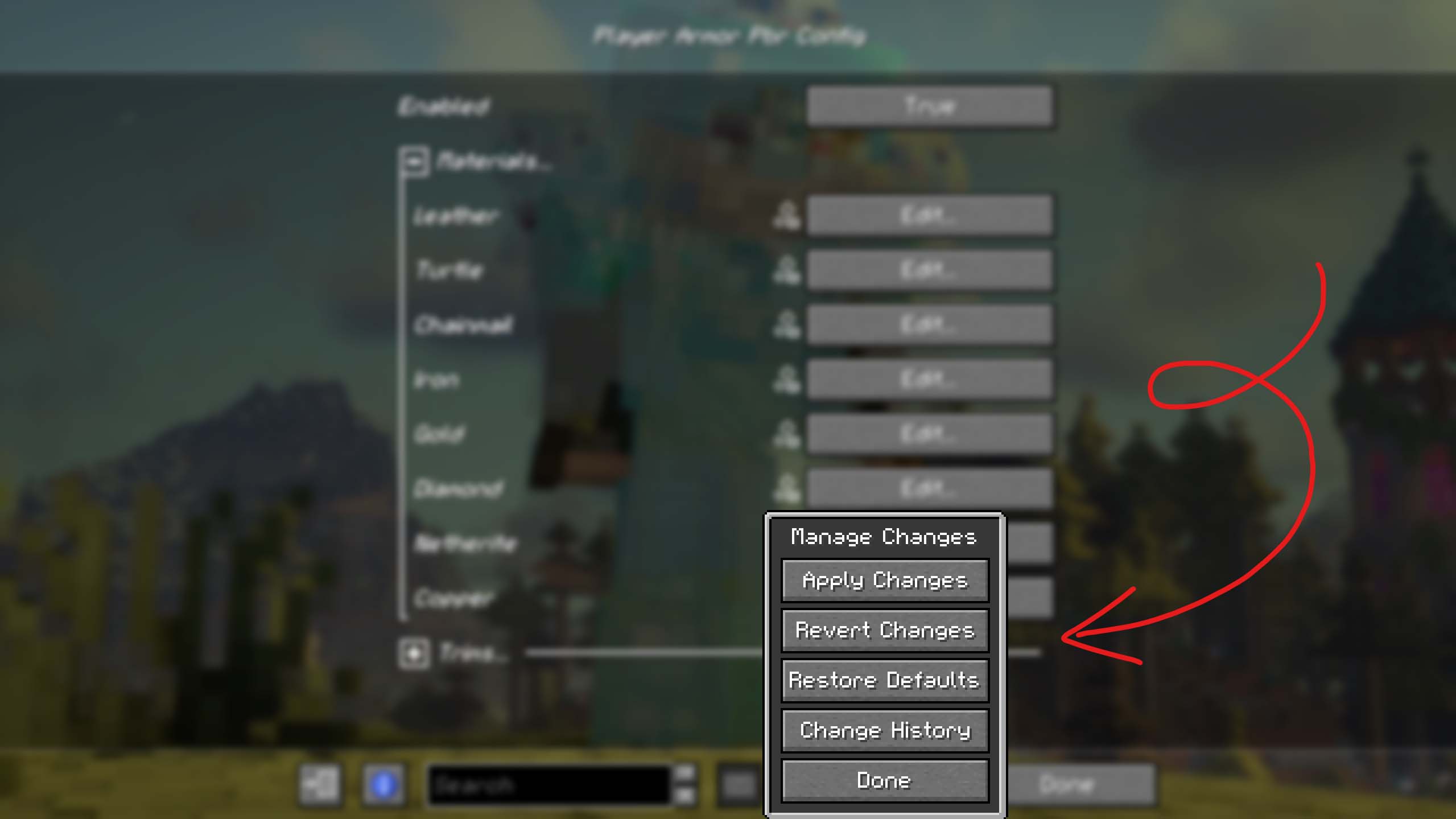 Manage Changes screen with apply, revert, restore-defaults, and change-history controls