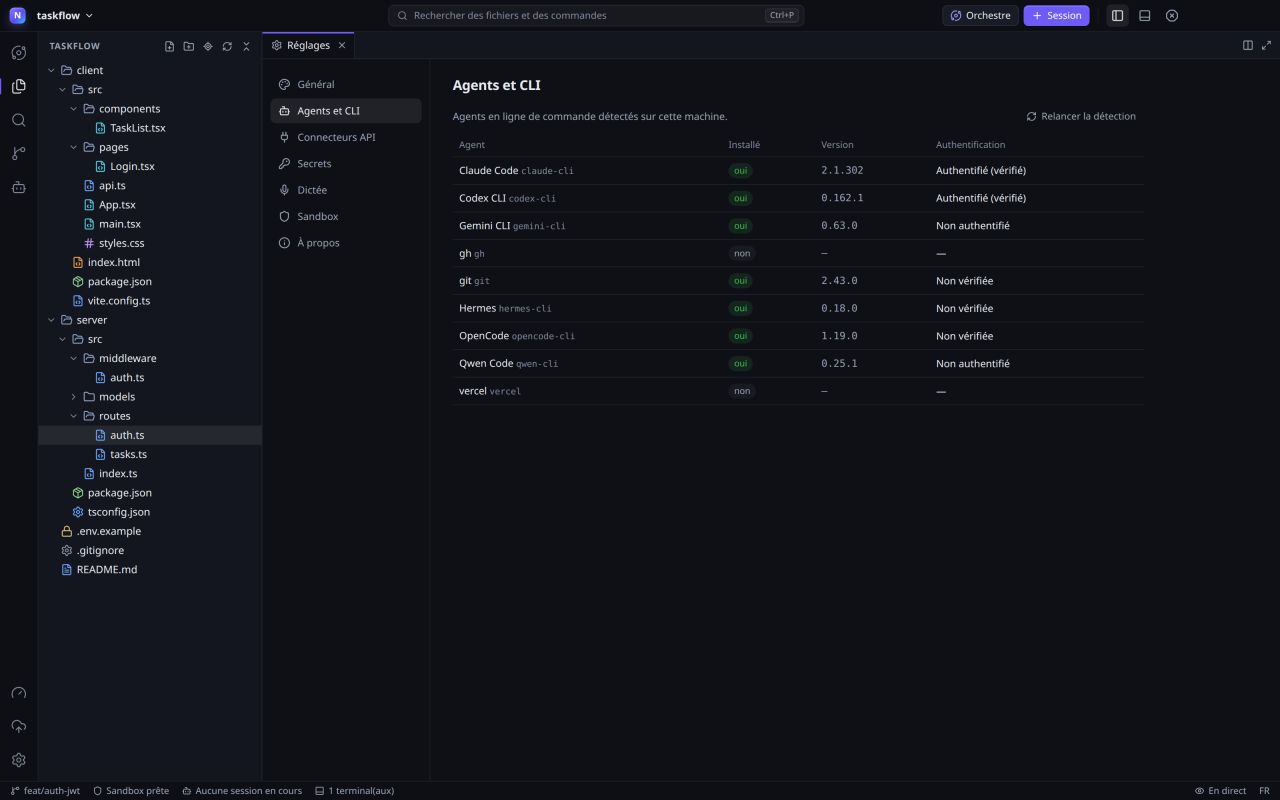 Settings page listing detected agent CLIs with installed status, version and authentication state
