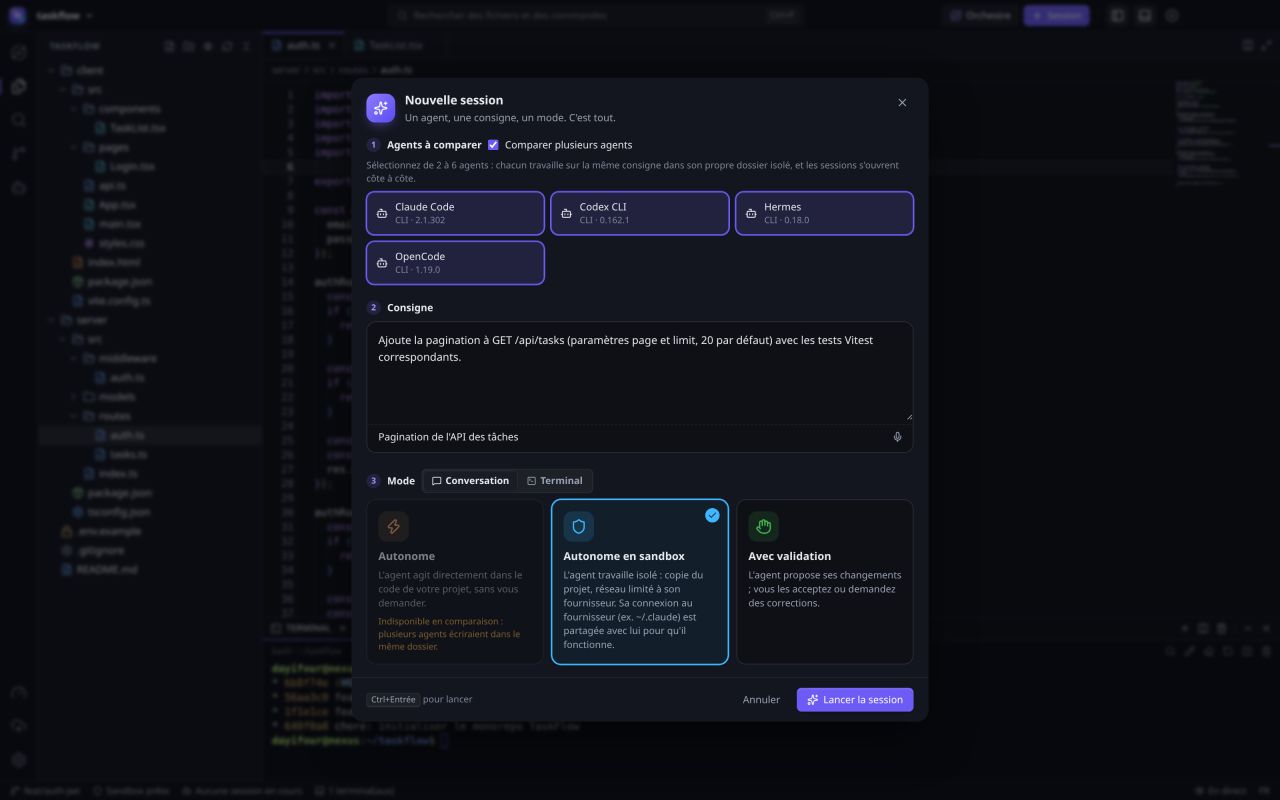 New session dialog comparing Claude Code, Codex CLI, Hermes and OpenCode on the same instruction, in sandboxed mode