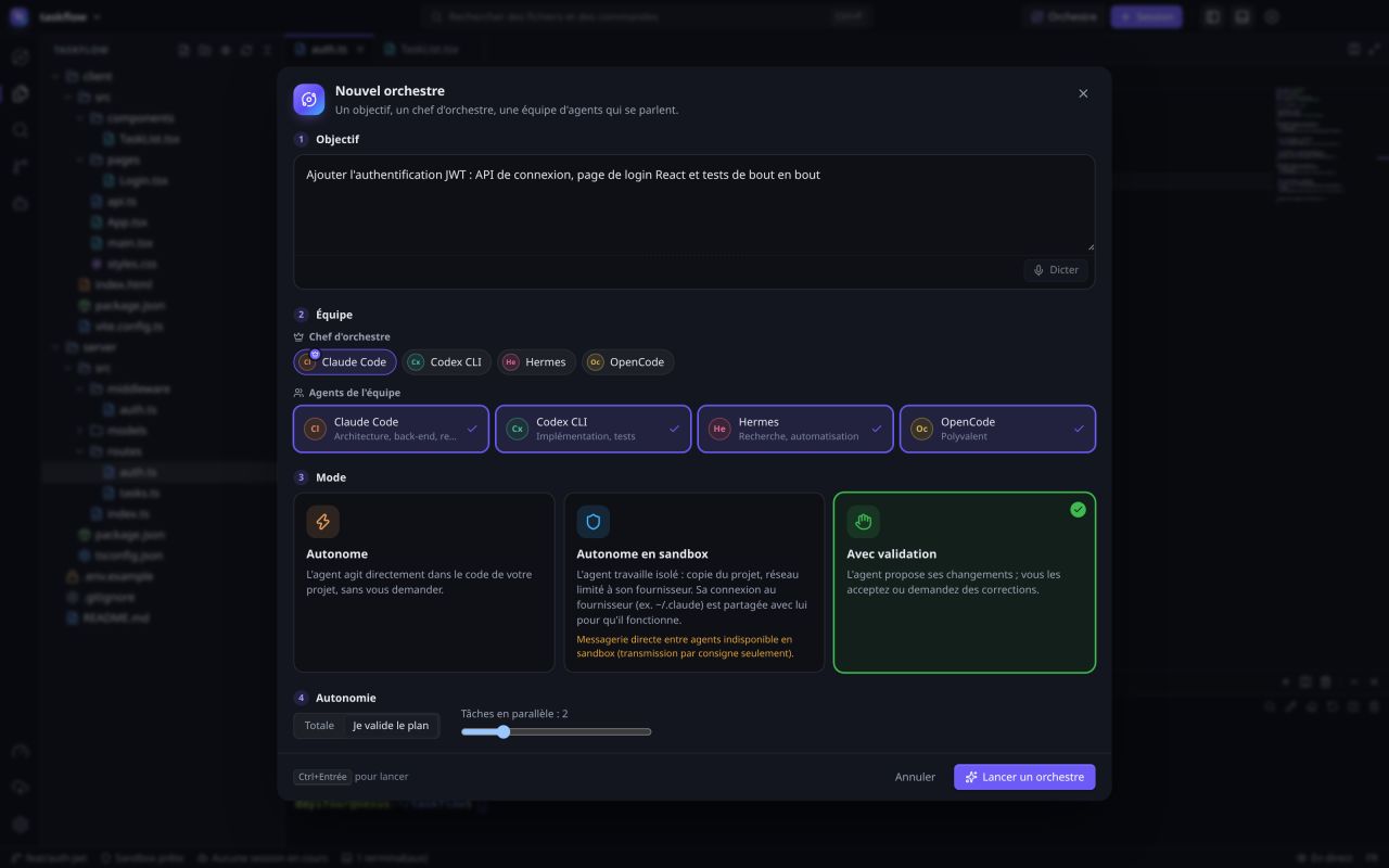 Nexus AI — launching an Orchestra: one goal, a conductor agent (Claude Code) and a team of Codex CLI, Hermes and OpenCode, in supervised mode