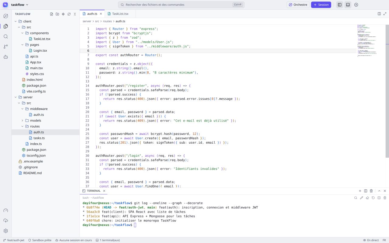 IDE workspace with file explorer, Monaco editor on an Express auth route and an integrated terminal showing git log