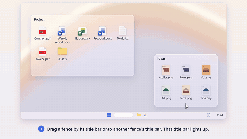Merging two fences into tabs, switching between Project and Ideas, then dragging a tab out into its own fence.