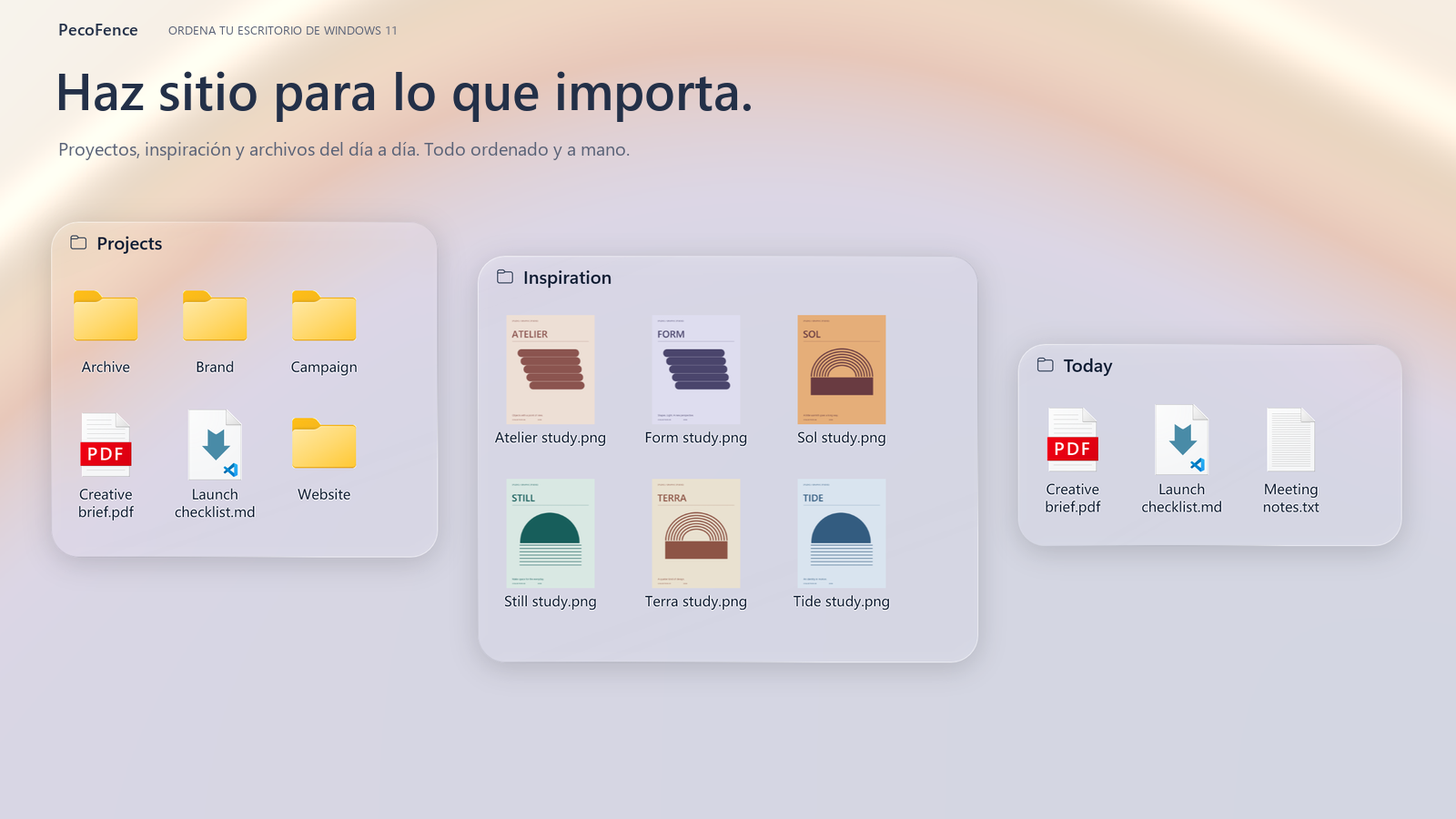 PecoFence — Carpetas de proyecto, un PDF real y diseños originales en grupos nativos de Liquid Glass.