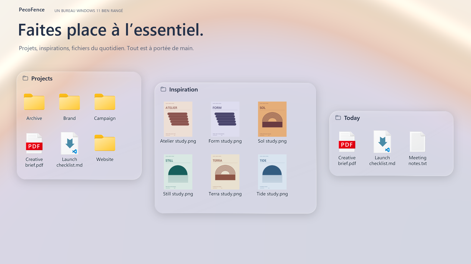PecoFence — Des dossiers de projet, un vrai PDF et des créations graphiques originales dans des groupes Liquid Glass natifs.