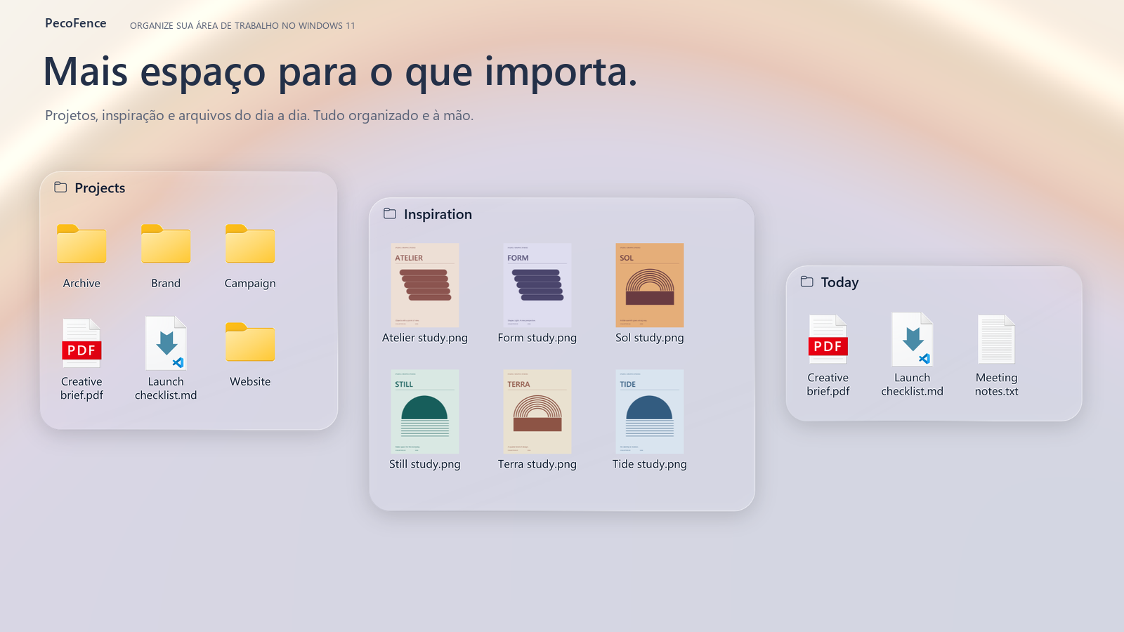 PecoFence — Pastas de projetos, um PDF real e estudos gráficos originais em grupos com Liquid Glass nativo.