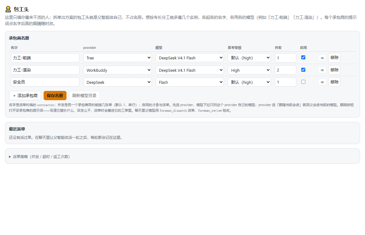 Settings → 包工头: the contractor roster, with a per-contractor prompt behind the eye button