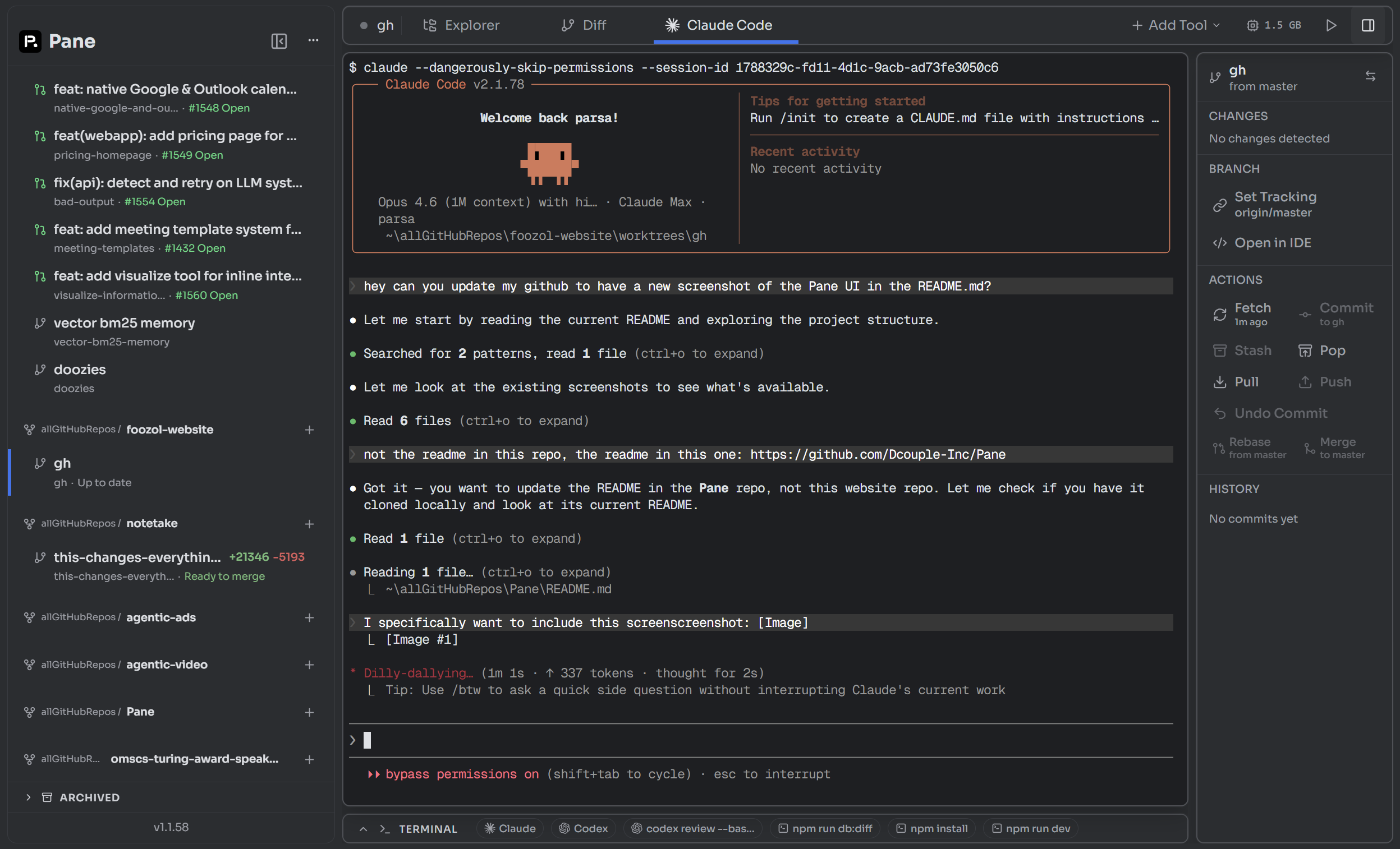 Pane — running Claude Code with multiple sessions