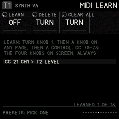 MIDI LEARN: a control on CC 21 tied to T2's level