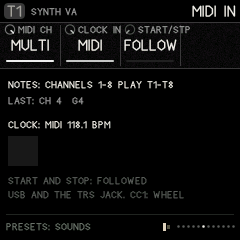 MIDI IN: notes on channels 1-8, the clock from MIDI at its measured tempo